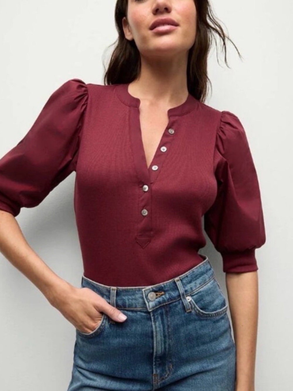 Veronica Beard Coralee Puff-Sleeve Tee in Raspberry Dark Pink M Medium Ribbed